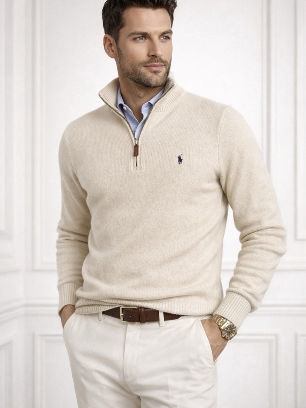 Polo Ralph Lauren Cream Half-Zip Sweater with Navy Polo Logo